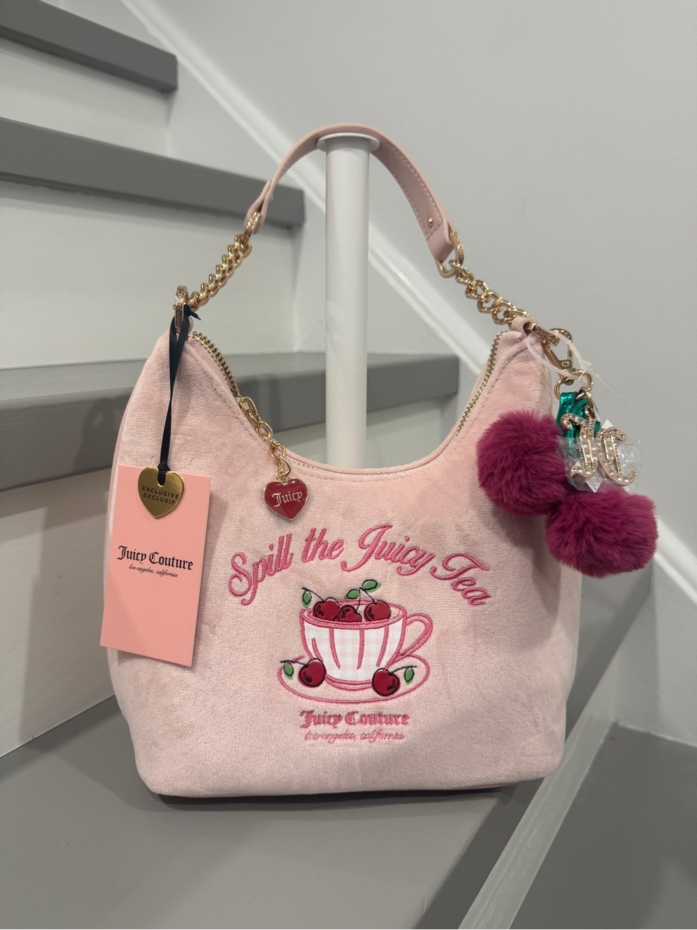 Juicy Couture Pink Suede 'Spill the Juicy Tea' Shoulder Bag with Pom Charm